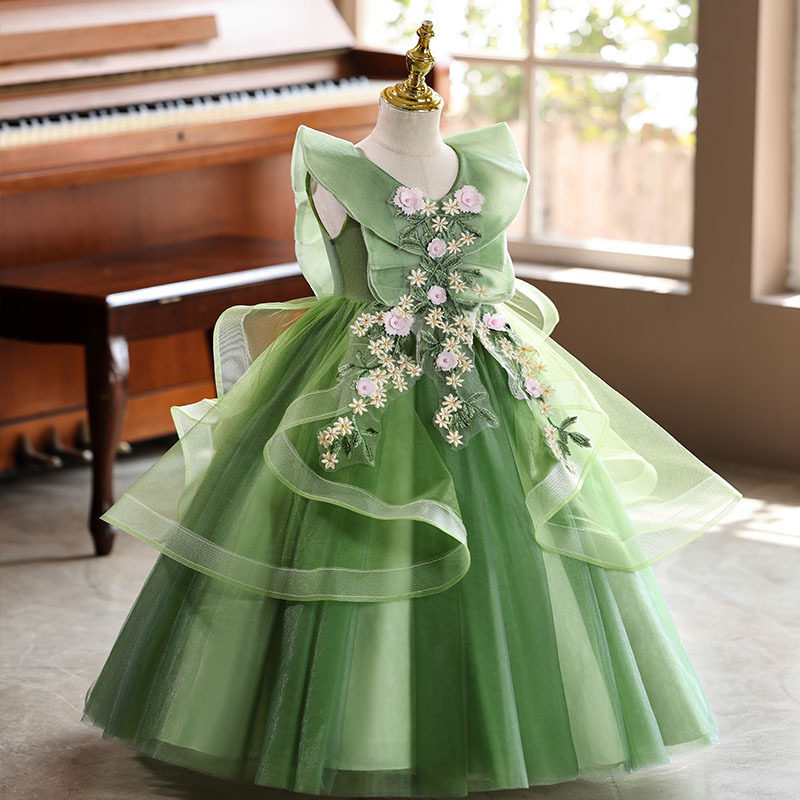 女童绿色花仙子公主裙舞台演出礼服走秀主持人无袖花童钢琴表演服