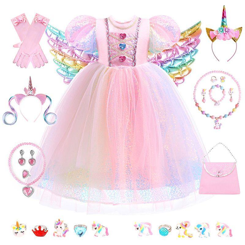 女童粉色独角兽翅膀艾莎迪士尼公主裙儿童cosplay服装夏季纱裙子