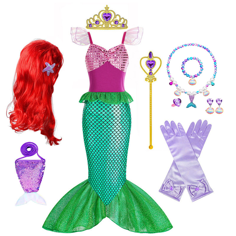 迪士尼女童美人鱼公主裙夏季泳衣儿童连衣裙衣服鱼尾裙子服装套装