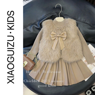 女童冬季宝宝洋气时髦小女孩冬装秋冬小香风皮裙时尚套装衣服裙子