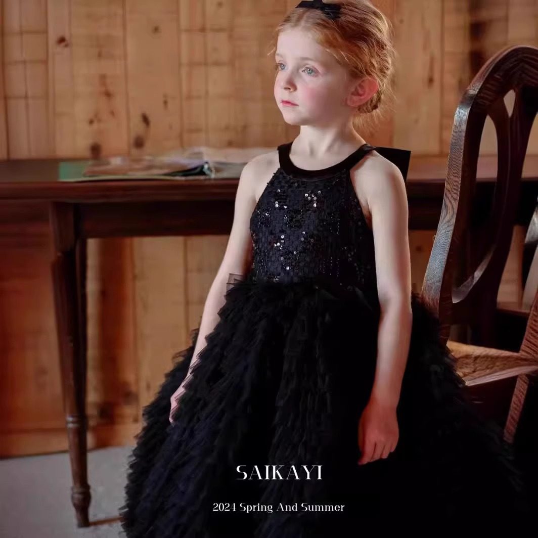 女童黑天鹅公主裙黑色大蝴蝶结后背夏季露背漏肩生日连衣裙小礼服