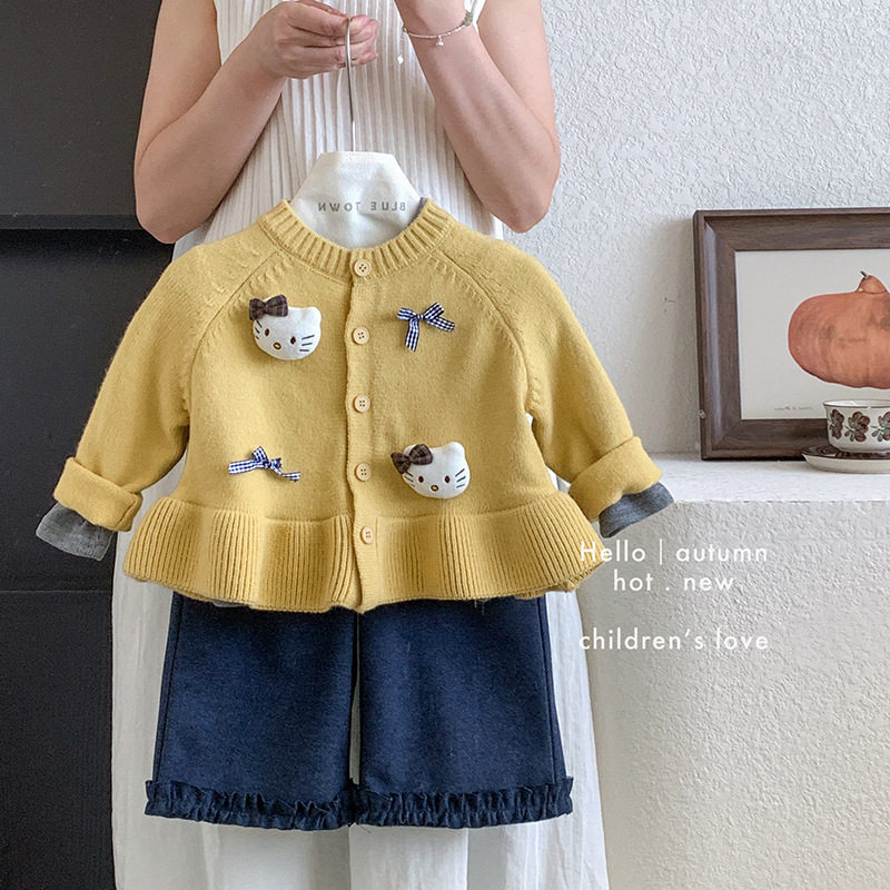 童装女童毛衣秋季哈喽kt衣服hellokitty凯蒂猫上衣阔腿裤裤子套装