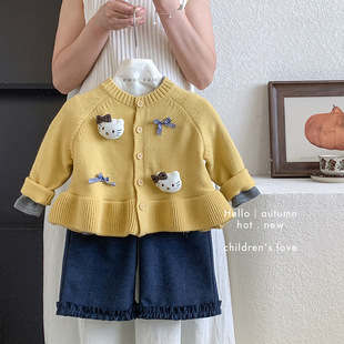 童装女童毛衣秋季哈喽kt衣服hellokitty凯蒂猫上衣阔腿裤裤子套装