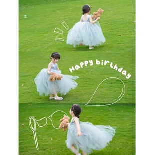 女童公主裙蓬蓬纱裙儿童小女孩海边连衣裙艾莎缎面生日party礼服