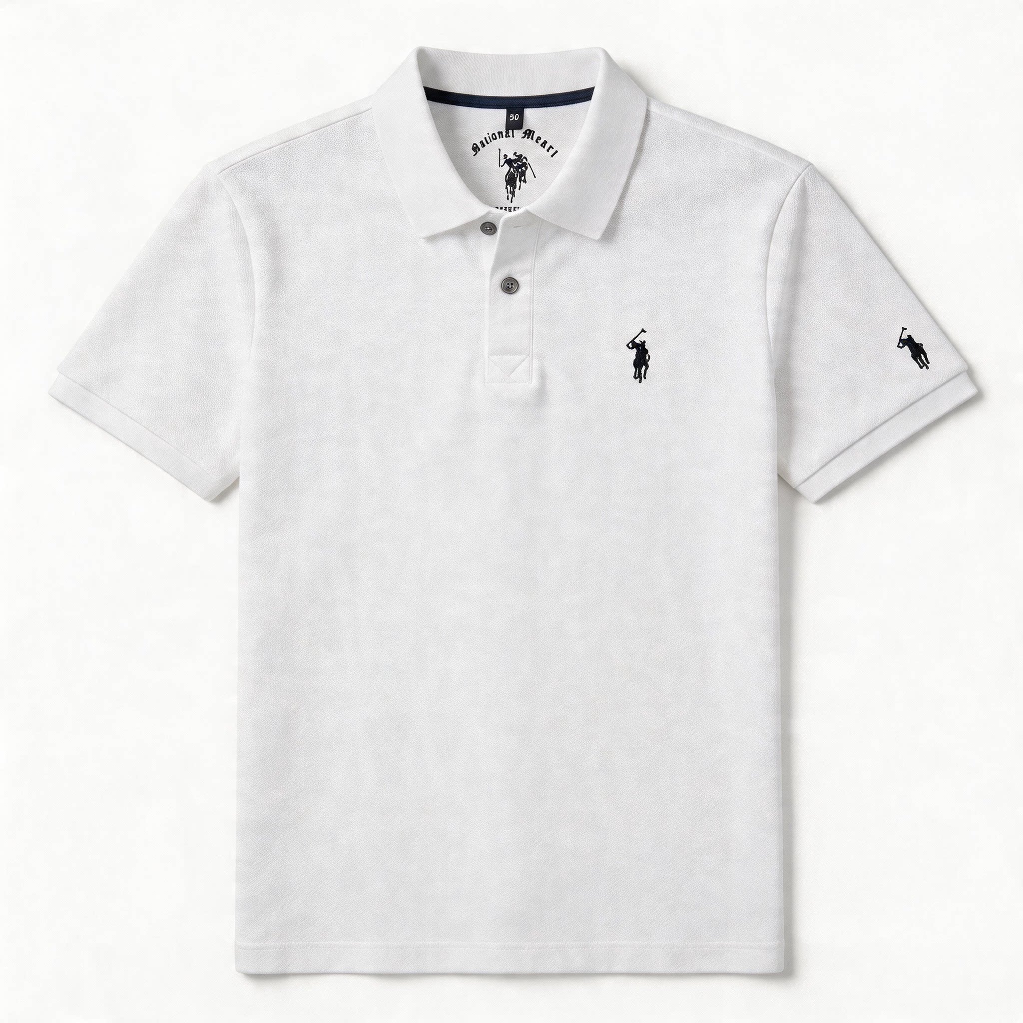 暴兔马标100%纯棉刺绣翻领POLO衫男短袖修身透气舒适休闲通勤白色