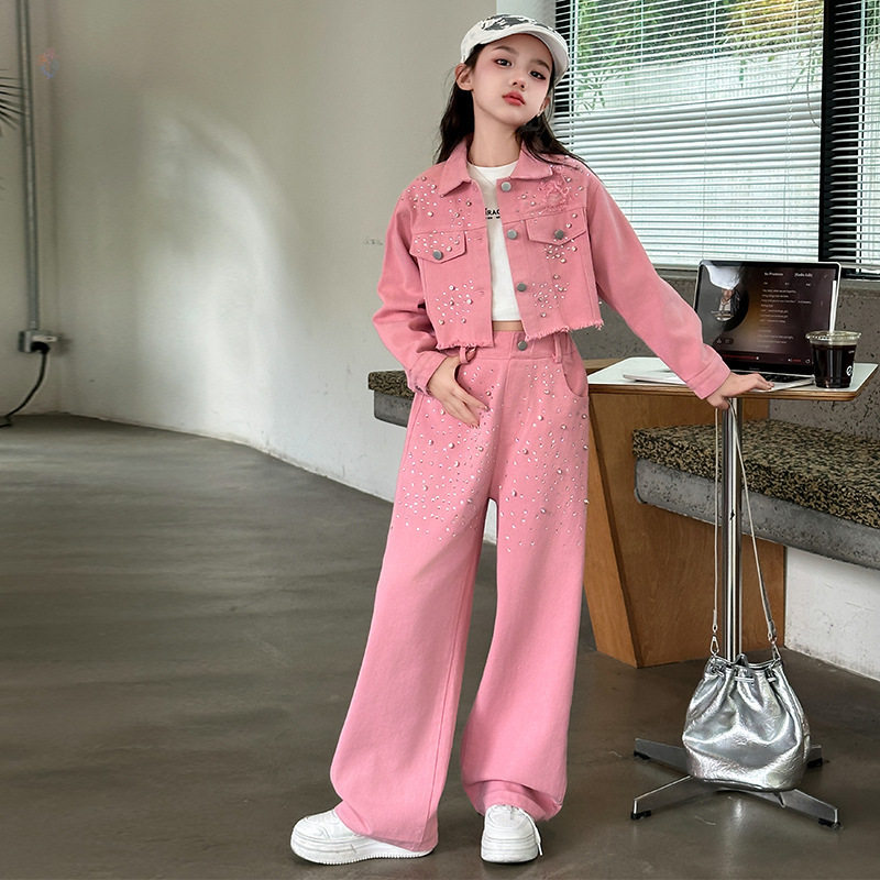 女童韩版粉色钉珠牛仔套装中大童polo领外套直筒裤阔腿裤2025秋装