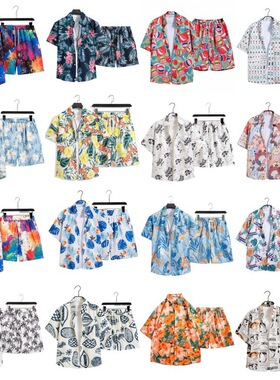 夏威夷亲子装花衬衫短袖男童女童宽松复古绿色沙滩母子装港风复古