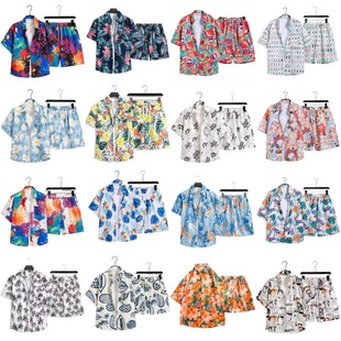 夏威夷亲子装花衬衫短袖男童女童宽松复古绿色沙滩母子装港风复古