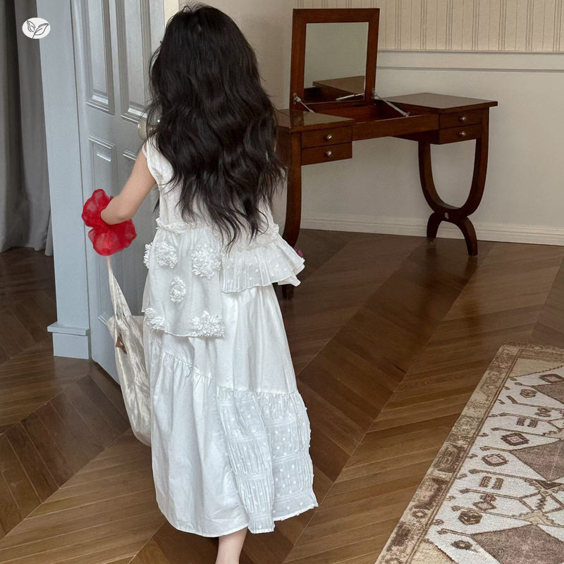 女童甜美半身裙套装2026夏新款公主裙中大童无袖花边上衣高腰长裙
