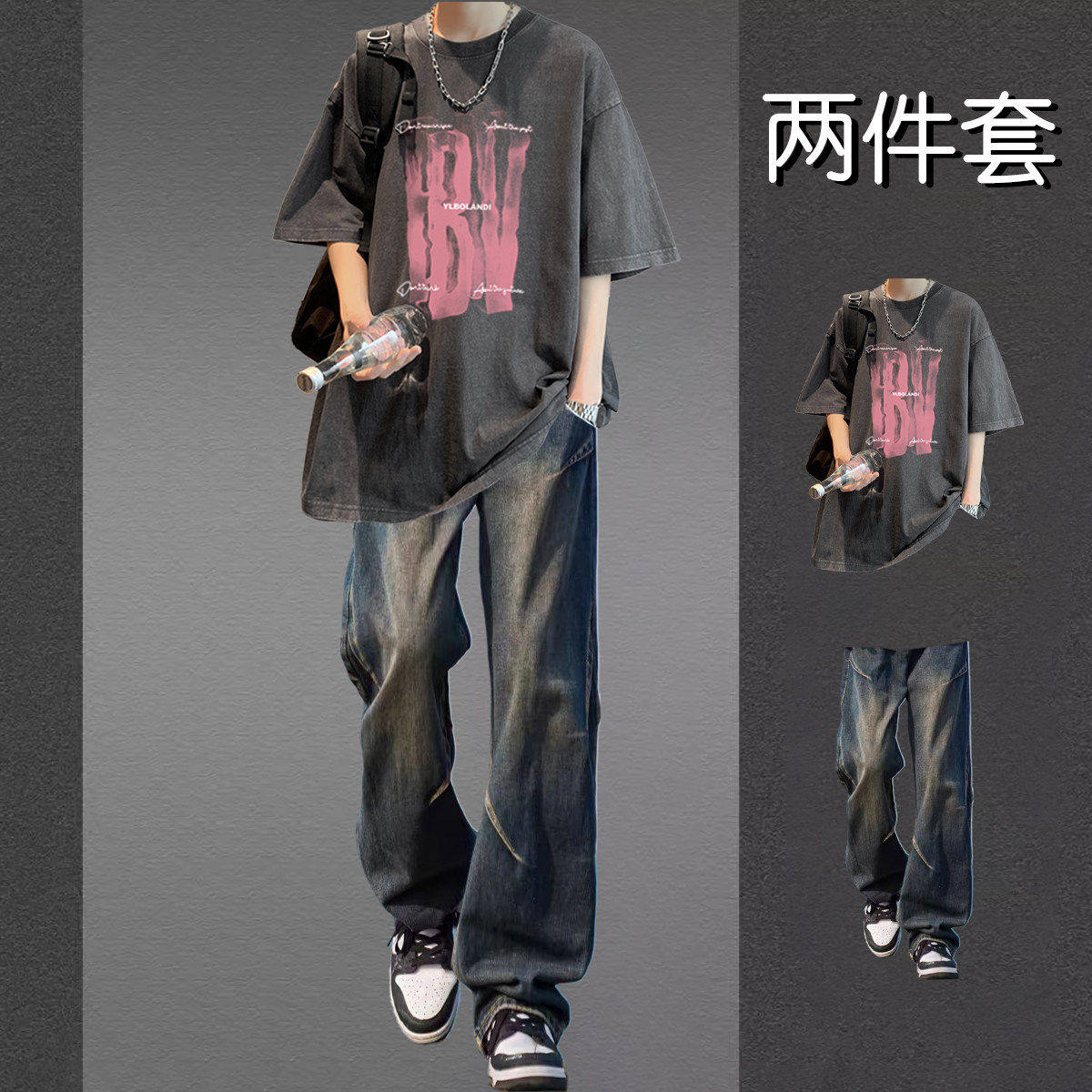 美式潮牌短袖T恤男士夏季套装帅气两件套男装青少年休闲运动套装