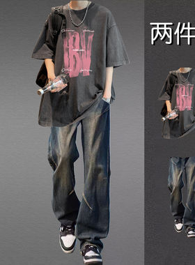 美式潮牌短袖T恤男士夏季套装帅气两件套男装青少年休闲运动套装