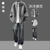 美式 青少年毛衣三件套 男秋冬潮牌休闲运动套装 三杆针织开衫 套装