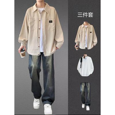 灯芯绒衬衫外套男生春秋季套装2025新款痞帅青少年夹克男装三件套