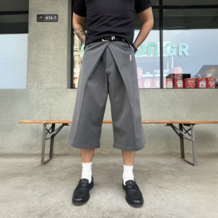 TASTY TR混纺抗皱双形态人字打褶A字七分阔腿西裤短裤男cleanfit