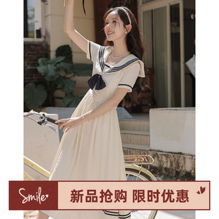 连衣裙女2025夏新款 海盐甜心学院风法式 海军领撞色拼接减龄短袖