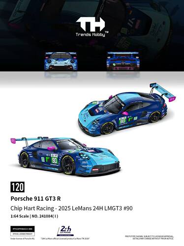 [V的预售]TH 1:64 保时捷911 GT3R #120 90号车 合金汽车模型