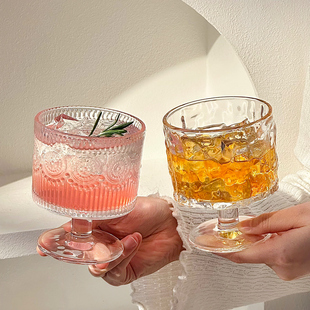 复古ins风太阳花浮雕玻璃杯高颜值酒杯设计感饮料果汁杯高脚水杯