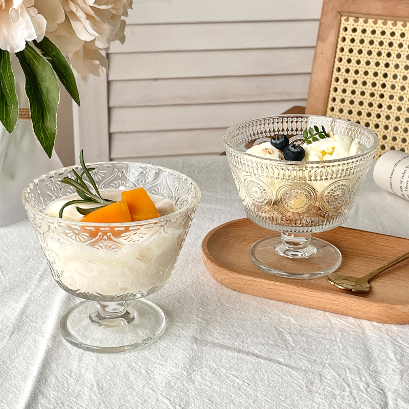 复古浮雕太阳花玻璃碗 ins风家用冰淇淋雪糕碗酸奶燕麦早餐甜品碗 餐饮具 碗 原图主图