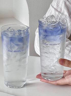 超薄斜身玻璃杯简约蓝色字母调酒杯长饮柯林杯鸡尾酒牛奶咖啡杯子