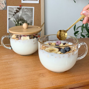 早餐燕麦杯带把宽口玻璃水杯家用大容量麦片牛奶杯带盖酸奶杯子