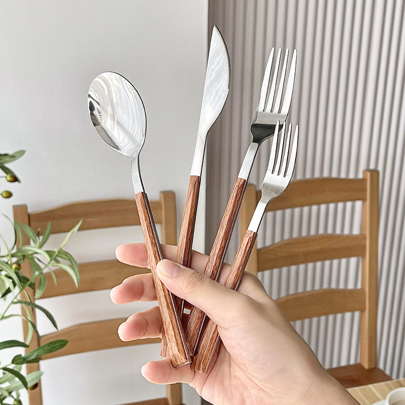 韓式不銹鋼勺子叉子長木柄