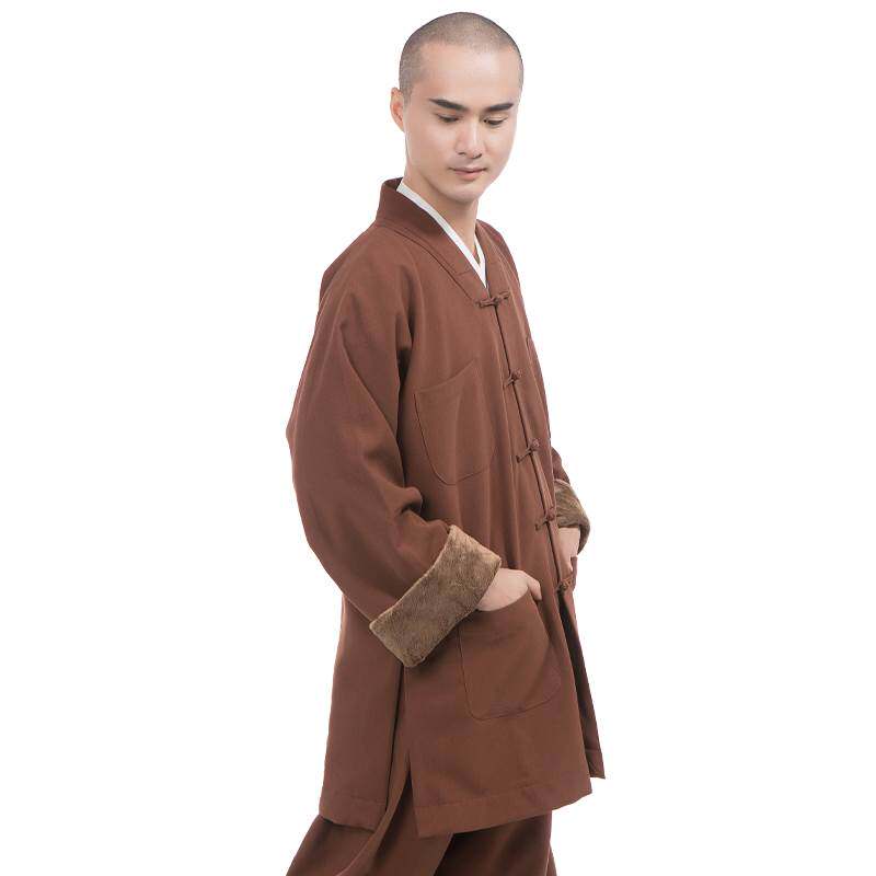 新款缎梵加厚僧服秋冬季加绒长短褂男女款僧衣保暖毛绒僧袍灰色罗