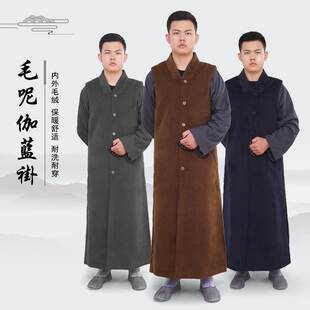 新款缎梵僧服长伽蓝褂双层毛呢保暖马甲男女款冬季加厚绒僧侣和尚
