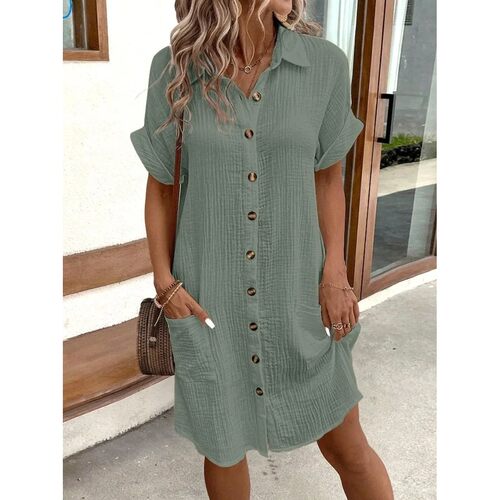 Women Retro Cotton Linen Printed V-neck Long Sleeve Dress Ar