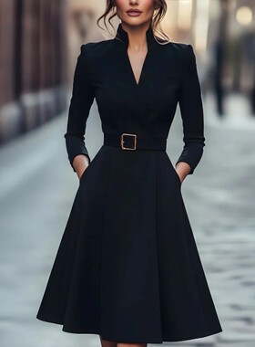 Women's Autumn Winter V-Neck Long Sleeve A-Line Skirt Slimmi