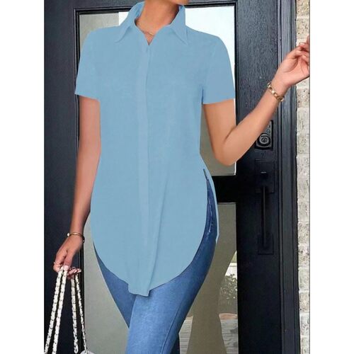 2024 Solid Button Front Shirt Casual Turn Down Collar Office