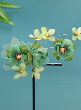 新款渐变黄色新中式纱花发夹手工制作国风演出写真侧边头饰HF3074