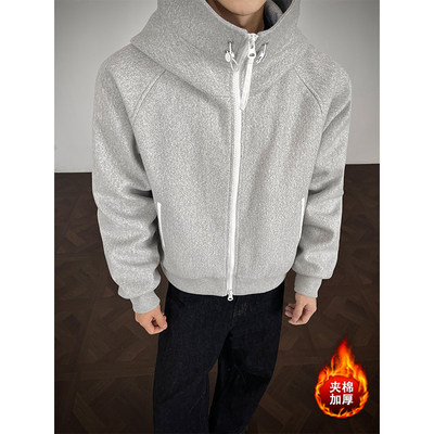 连帽毛呢卫男女 国潮牌秋冬季美式复古宽松情侣拉链夹棉帽衫外套