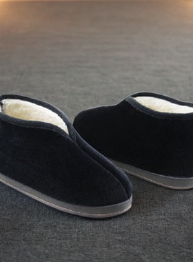 冬季老奶奶小脚棉鞋90岁老奶尖头黑色鞋老太太防滑软底加绒保暖鞋