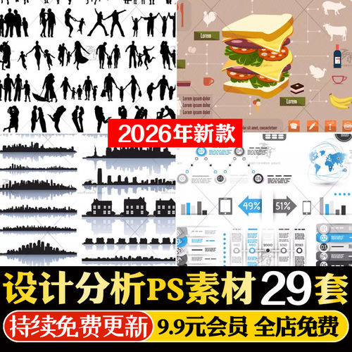 设计分析图城市剪影图标标签人物箭头图文信息表格PSD素材