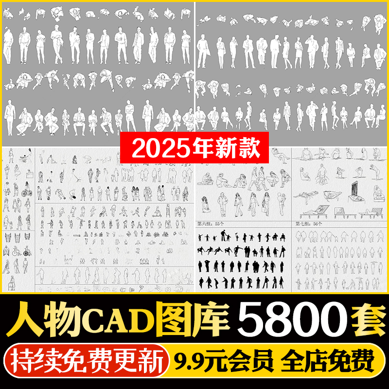 人物平立面CAD图库模块顶视站坐俯视人体工程设计运动线稿SU模型