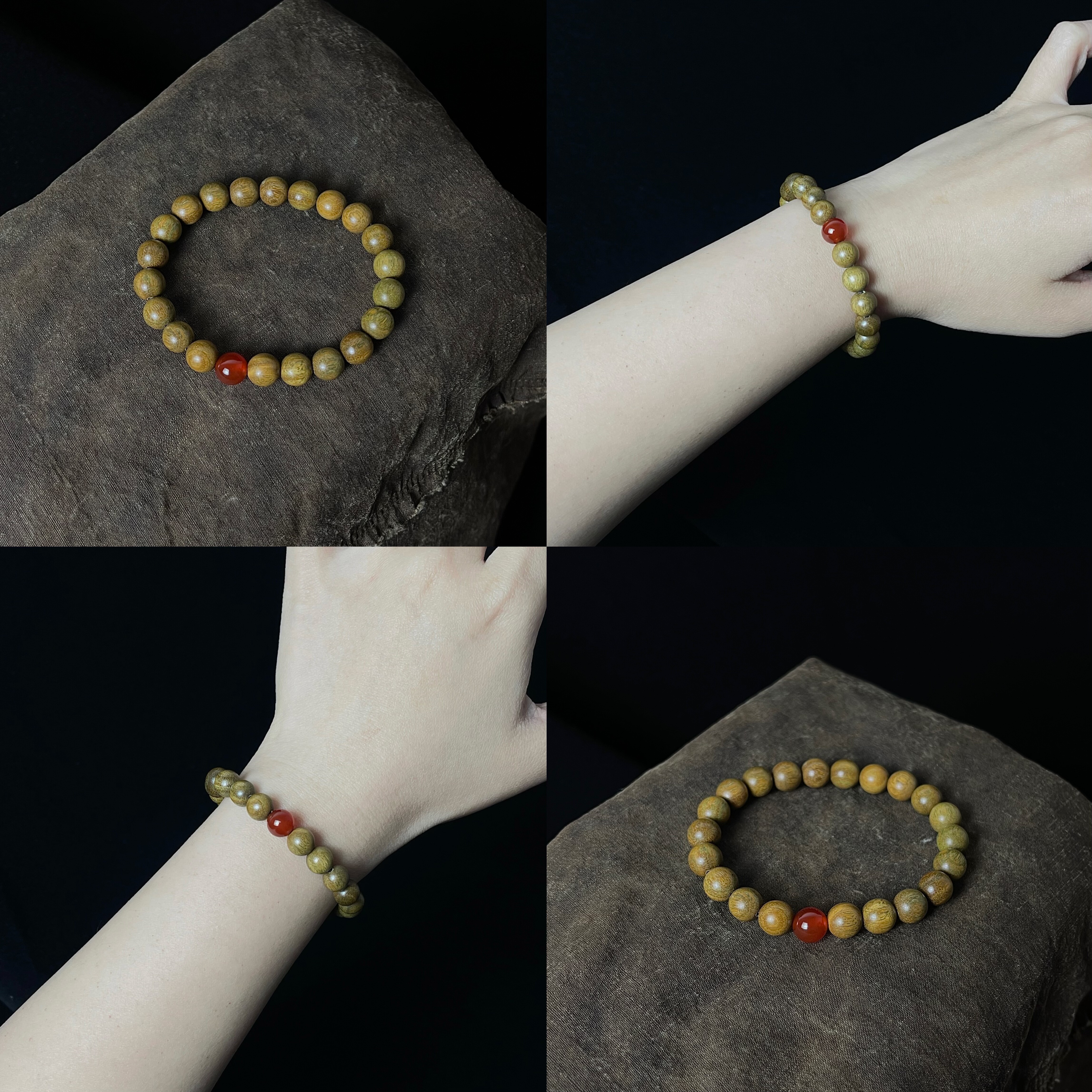 实物拍摄天然绿檀木手串单圈款红玛瑙款手喜木火文玩手串手链