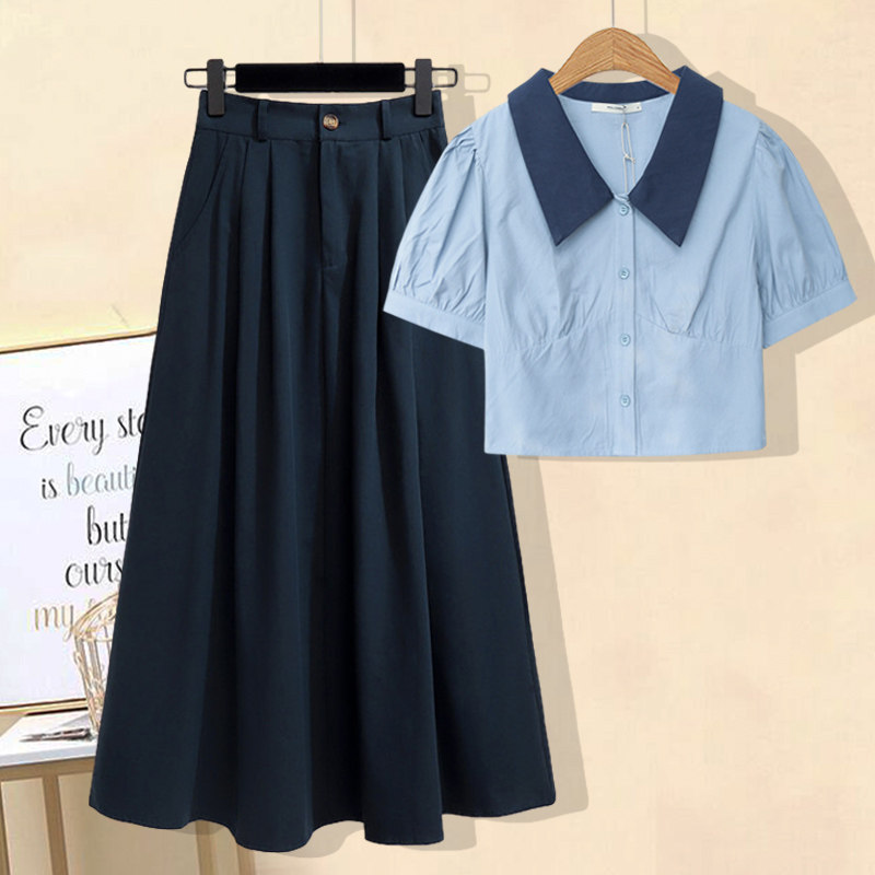 法式bm风撞色翻领短款小众泡泡袖衬衫女高腰垂坠a字半身裙两件套
