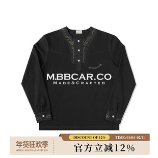 MBBCAR窄幅 西部系列360G水洗黑做旧绣花 亨利领诗人衬衫长袖T恤