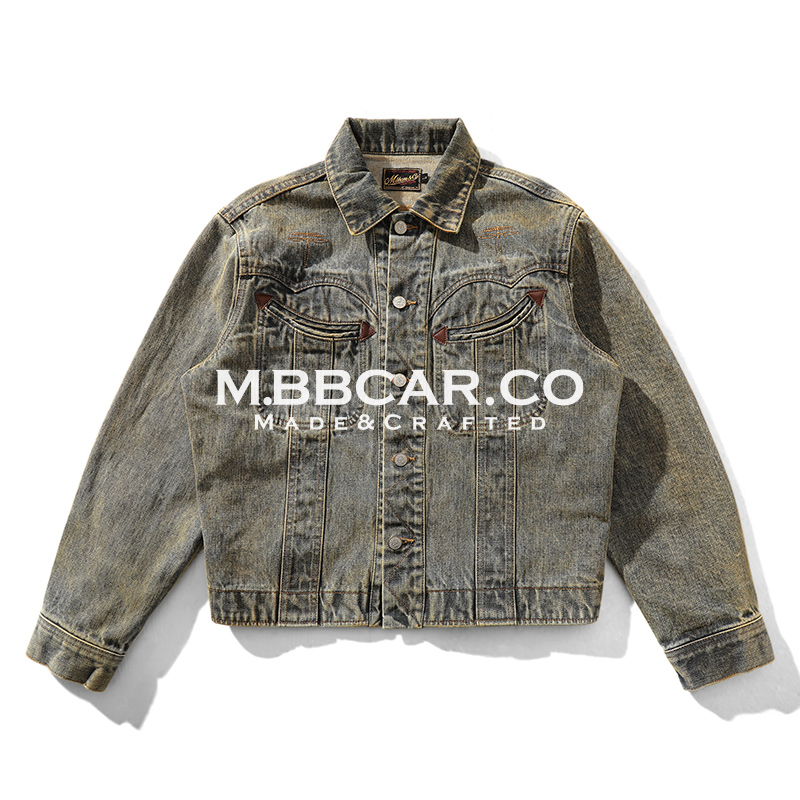 MBBCAR窄幅 西部系列 黄泥染色水洗100J风暴骑士短宽赤耳丹宁夹克
