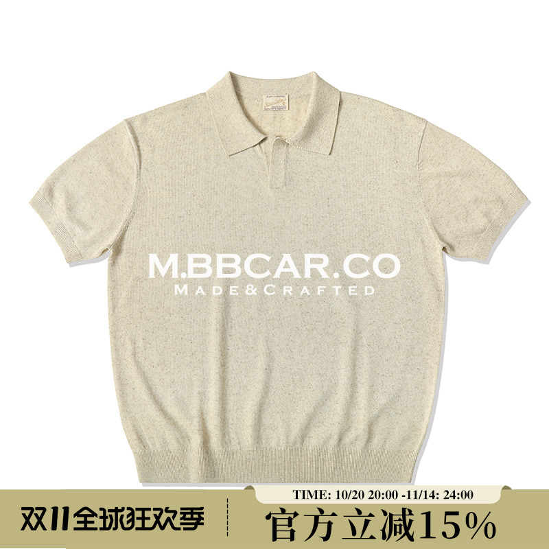 MBBCAR窄幅 天丝麻混纺老钱复古马球杏白复古Polo短袖针织衫