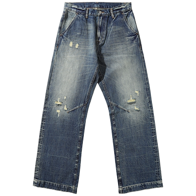 MBBCAR窄幅复古扎染做旧破洞水洗705高腰宽松阔腿赤耳丹宁牛仔裤