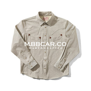 MBBCAR窄幅西部系列米白色织按扣条纹衬衣美式复古西部长袖衬衫