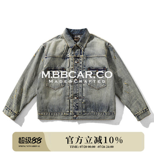 MBCBAR窄幅 旧化系列TYPE2二代重工水洗破坏赤耳丹宁格纹牛仔夹克
