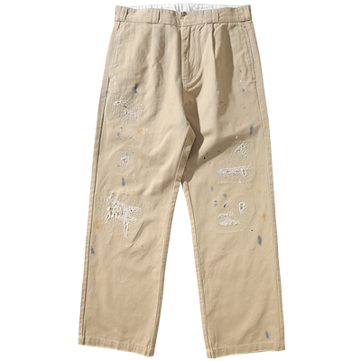 MBBCAR窄幅 做旧复古泼墨破坏镂空绣花宽松chino休闲直筒长裤