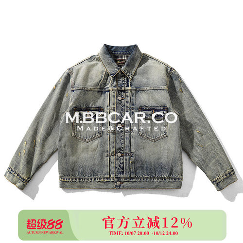MBCBAR窄幅 旧化系列TYPE2二代重工水洗破坏赤耳丹宁格纹牛仔夹克