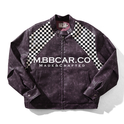 MBBCAR窄幅Used竞速赛车做旧水洗龙胆紫棋盘格短宽J100机车皮夹克