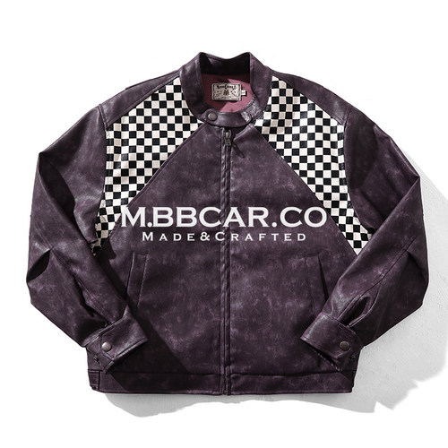 MBBCAR窄幅Used竞速赛车做旧水洗龙胆紫棋盘格短宽J100机车皮夹克