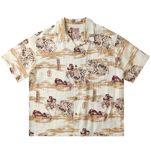 MBBCAR窄幅 亚麻混纺 浮世绘趣味武骨复古Rugged夏威夷满印花衬衫