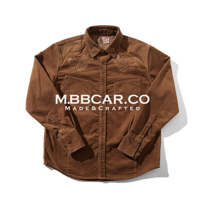 MBBCAR窄幅 西部系列唐草花绣花玉米灯芯绒美式复古西部长袖衬衫