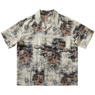 MBBCAR窄幅 亚麻混纺 龙年武骨机车复古Rugged夏威夷短袖满印衬衫